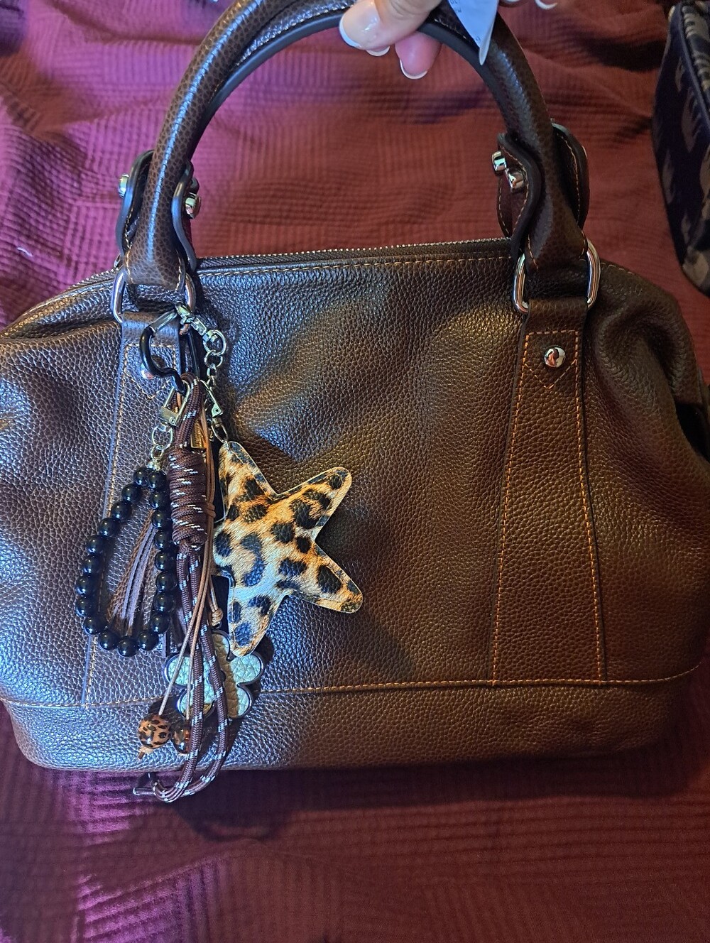 Heshe Women's Brown Leather Satchel Handbag with Leopard Star Charm